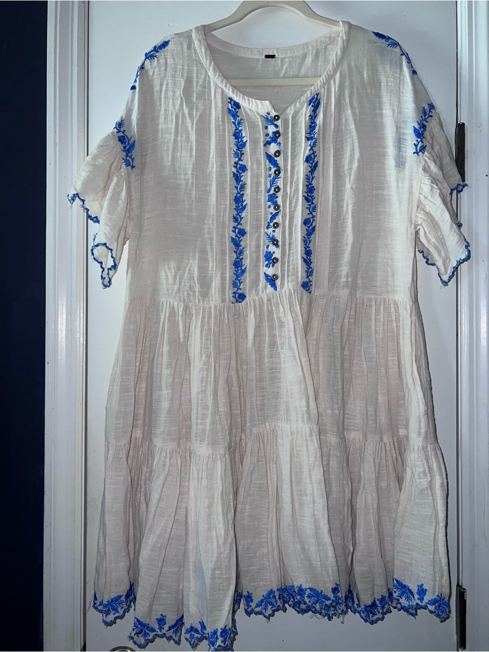 Free People White Midi Dress with Blue Embroidery